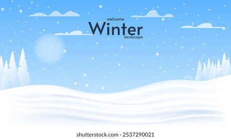 Vector illustration. Flat winter landscape. Snowy backgrounds. Snowdrifts. Snowfall. Clear blue sky. Blizzard. Snowy weather. Natural tree silhouettes.