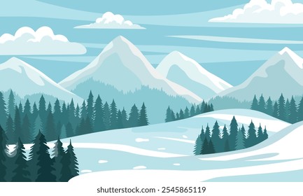 Vector illustration of flat winter landscape with forest, hills and mountains. Snowy weather background. Winter season banner.