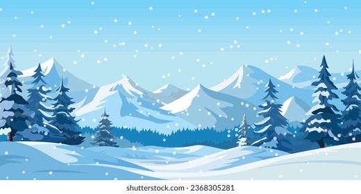 Vector illustration of flat winter mountain landscape with forest, snowdrifts, and snowfall. Snowy weather background. Winter season.