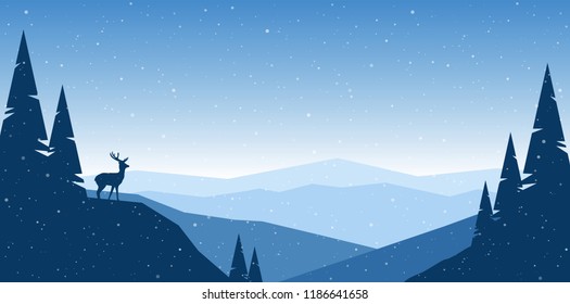 Vector illustration: Flat winter mountains landscape with hills, pine and silhouette of deer