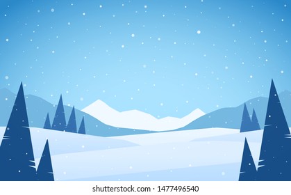 Vector illustration: Flat Winter snowy Mountains landscape with pines, hills and peaks.