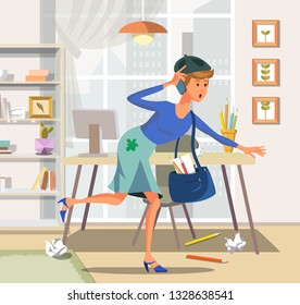 Vector Illustration Flat Woman with Phone Runs Towards. Artist Tight Schedule for Lecture Institute. Spot on Skirt Glass are Colored Pencils Bookshelf Table Computer Monitor on Background City.