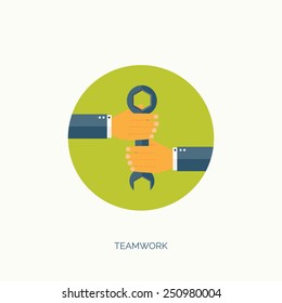 Vector illustration. Flat wrench and hand. Repair service. Teamwork. Business  and cooperation.