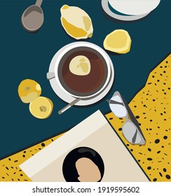 vector illustration flatlay breakfast lemon magazine glasses