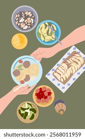 A vector illustration of a flatlay featuring a variety of foods and drinks with hands holding utensils, showcasing a vibrant and artistic dining scene, perfect for food, dining, and lifestyle themes.