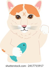 Vektorgrafik einer Cartoon Pisces-Katze im Flachstil, die einen Fisch spielend hält - Zodiac-Kunstwerk