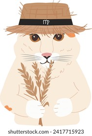 Vector illustration of a flat-style Cartoon Virgo cat gracefully clutching a sheaf of wheat - Zodiac artwork