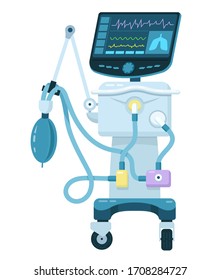 Vector illustration of a flat-style ventilator isolated on a white background. Stylized image of medical equipment in a harmonious color scheme. Modern technology with a flat touch screen.
