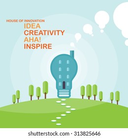 Vector illustration of flat-styled cartoon of a house shaped like a lightbulb on top of a hill.