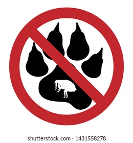 Vector illustration of flea ban mark with dog pawn on a white background. Symbol of protection against parasites.