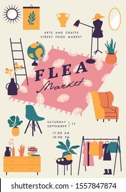 Vector illustration flea market poster with vintage clothes and accessories shop, cartoon flat design. Retail store sale invitation. Rag fair