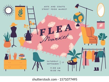 Vector illustration flea market poster with vintage clothes and accessories shop, cartoon flat design. Retail store sale invitation. Rag fair