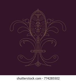 Vector illustration: The Fleur de Lis or flower de luce with french floral medieval ornament. The Fleur de Lis known as French Royal Lily isolated on a vintage dark luxury background.