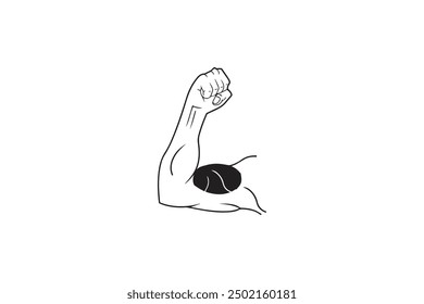 Vector illustration of a flexed muscular arm with a bold, black shape inside the bicep area, representing strength and power. Simple black and white design.