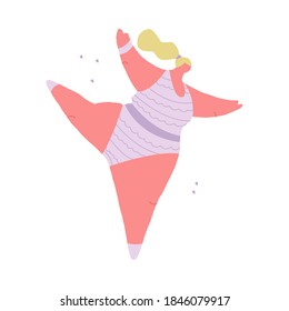 Vector illustration of flexible, plump woman dancing. Concept body positivity, obesity, gymnastics, ballet. It can be used in web design and banners.