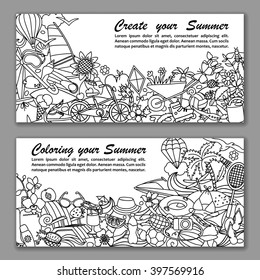 Vector illustration of fliers with hand drawn doodle summer elements