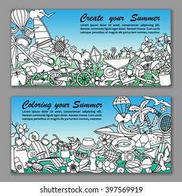 Vector illustration of fliers with hand drawn doodle summer elements