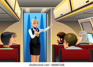 A Vector Illustration Of Flight Attendant Doing Safety Demonstration Before Taking Off