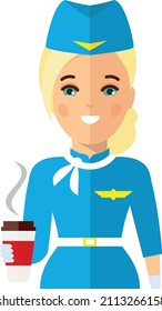 Vektorgrafik eines Flugbegleiters mit einem Glas Kaffee.
