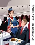 A vector illustration of a flight attendant serving a passenger in an airplane