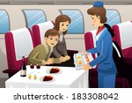 A vector illustration of flight attendant serving a passenger in an airplane