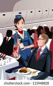 A vector illustration of a flight attendant serving a passenger in an airplane