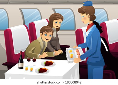 A vector illustration of flight attendant serving a passenger in an airplane