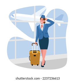 Vector illustration of flight attendants. Cartoon scene with a girl who has just returned from flight and is walking with a suitcase on white background.
