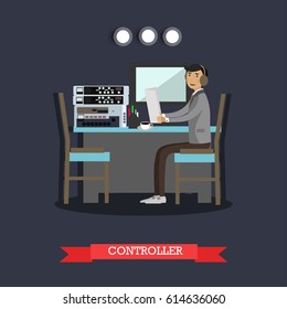 Vector illustration of flight controller, his workplace, monitoring equipment. Mission control center personnel flat style design element.