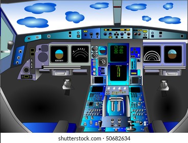 Vector Illustration Of Flight Deck Or Cockpit In An Airplane Or Airbus        

