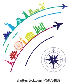vector illustration / flight destinations and landmarks around the world in rainbow colors for touristic agencies and travel companies 