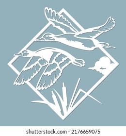 Vector illustration. The flight of a drake and a duck in a frame. Wildlife. Vector isolated illustration for laser cutting. Tattoo. Logo...