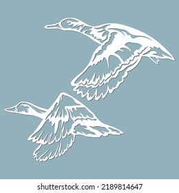 Vector illustration. The flight of the drake and the duck. Wildlife. Vector isolated illustration for laser cutting. Tattoo. Logo...