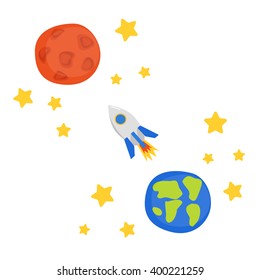 Vector illustration with flight to Mars concept: cartoon rocket, stars, planet Earth and planet Mars