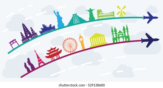 vector illustration of flights destinations and different touristic places around the world as avia travel concept in rainbow colors