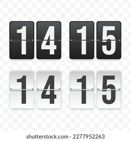 Vector illustration of a flip clock icon sign and symbol at quarter past fourteen. Black and white colored icons for website design .Simple design on a transparent background (PNG).