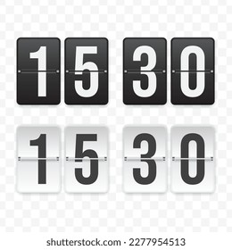 Vector illustration of a flip clock icon sign and symbol at half past fifteen. Black and white colored icons for website design .Simple design on a transparent background (PNG).
