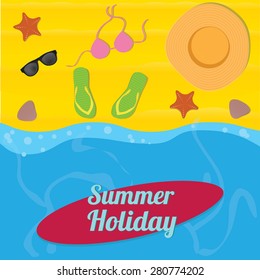 Vector illustration of flip flops sunglasses hat and bikini on the beach, top view. Summertime traveling template with sand beach and starfish, seashell and sea.