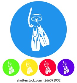 Vector illustration of flippers, scuba mask, tube for swimming icon. Flat color style on white background. 