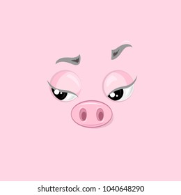 Vector illustration of the flirting cute pig face on pink background.