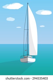 Vector illustration of floating boat. Front yacht. Sail. Sailing sport. Summer background