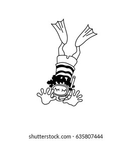 Vector illustration of floating child with a mask and flippers. Cartoon aqualunger