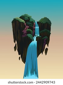 Vector illustration of floating fantasy island with beautiful waterfall