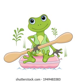 Vector illustration of a floating frog on an inflatable circle. Isolated on a white background.