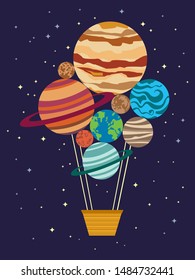 Vector Illustration of Floating Hot Air Balloons Consist of Colorful Solar System Planets like Earth, Jupiter, Saturn, Venus in a Blue Night Sky Background with White and Yellow Stars