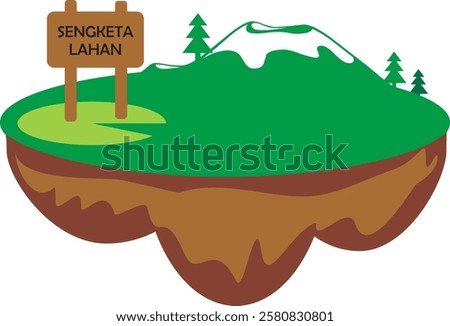 A vector illustration of a floating island with green land, mountains, and trees, symbolizing land disputes