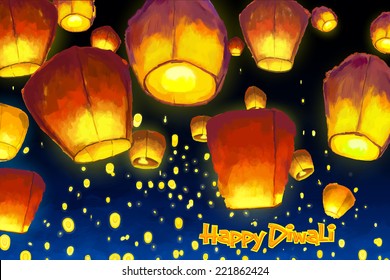 vector illustration of floating lantern in night sky