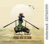 Vector illustration of floating market panorama in Vietnam.