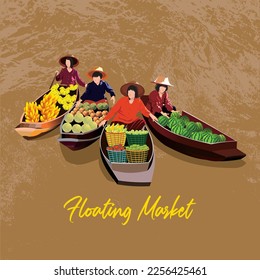 Vector illustration of floating market panorama in Asian.