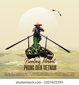 Vector illustration of floating market panorama in Vietnam.